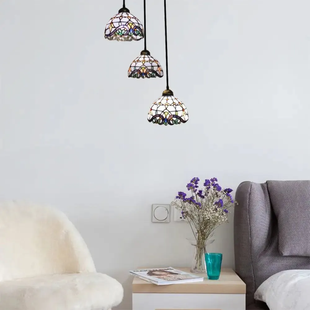 Victorian Stained Glass Pendant Light - White/Blue, Linear/Round Design, 3 Heads - Ideal for Dining Room