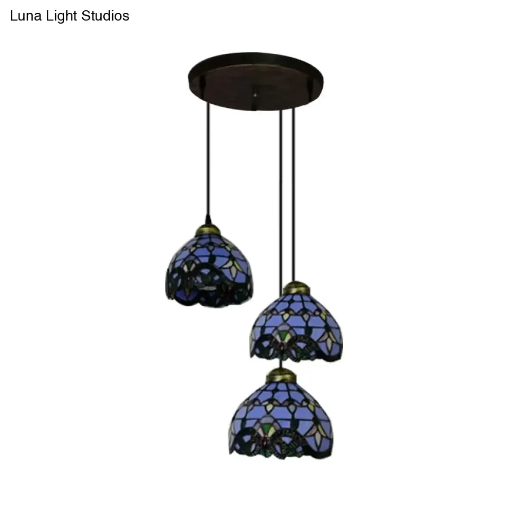 Victorian Stained Glass Pendant Light - White/Blue, Linear/Round Design, 3 Heads - Ideal for Dining Room