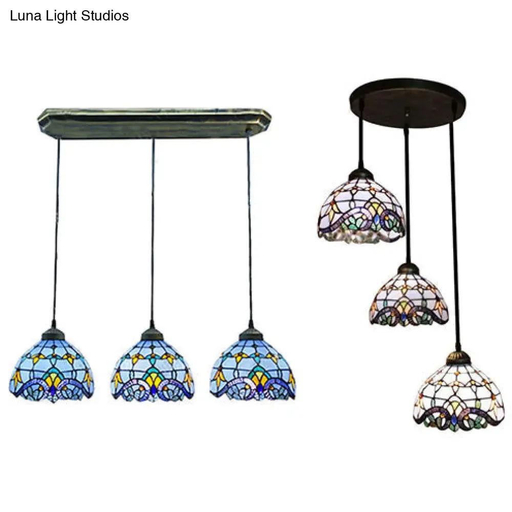 Victorian Stained Glass Pendant Light - White/Blue, Linear/Round Design, 3 Heads - Ideal for Dining Room