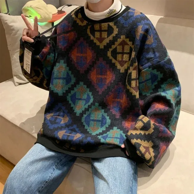 Wiaofellas Winter Men's Long Sleeve Wool Sweaters Plaid Printing Coats Loose 3 Color Homme Pullover Keep Warm Knitting Plus Size M-2XL