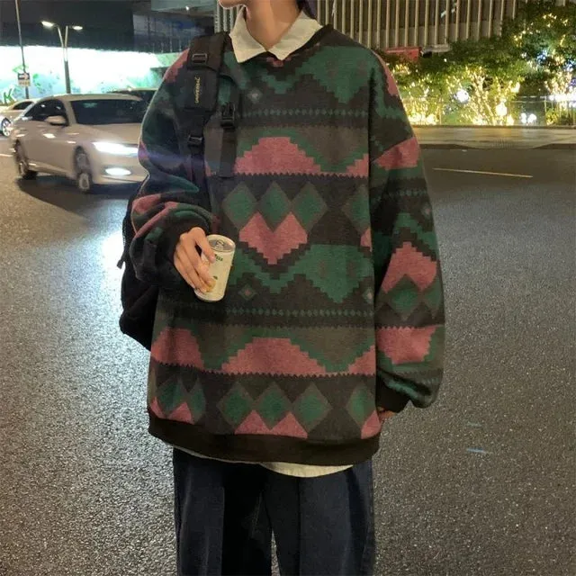 Wiaofellas Winter Men's Long Sleeve Wool Sweaters Plaid Printing Coats Loose 3 Color Homme Pullover Keep Warm Knitting Plus Size M-2XL