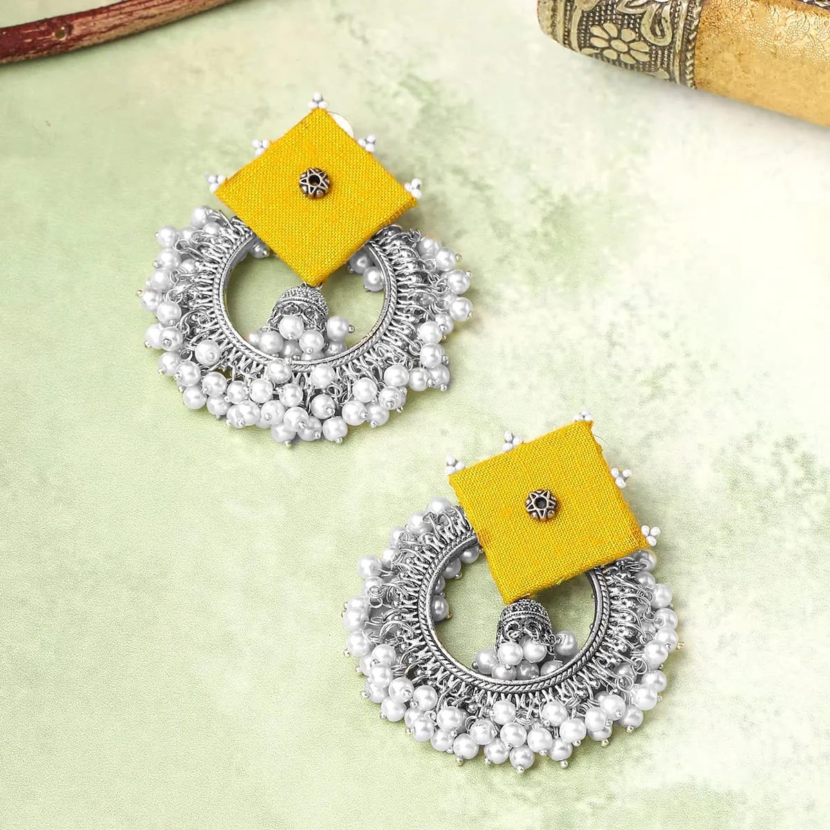 Yellow Chimes Earrings for Women and Girls Silver Oxidised Drop Earrings|Woven Wrapped Beads Circle Drop Earrings|Birthday Gift For girls and women Anniversary Gift for Wife